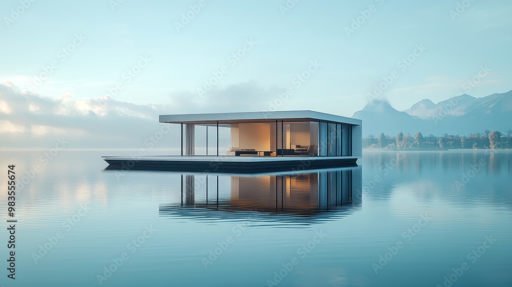 A futuristic floating cube home with glass walls, reflecting sunlight, with a minimalist flat rooftop terrace, peacefully set on a calm blue lake A futuristic floating cube home with glass walls, reflecting sunlight, with a minimalist flat rooftop terrace, peacefully set on a calm blue lake