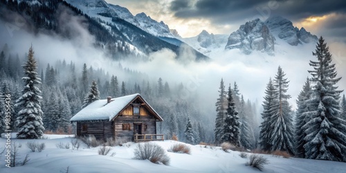 Abandoned hunting lodge hidden in snowy mountain wilderness with misty forest scenery