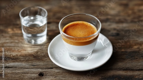 A cup of freshly brewed espresso with a small glass of water on the side, ready for a perfect coffee experience.