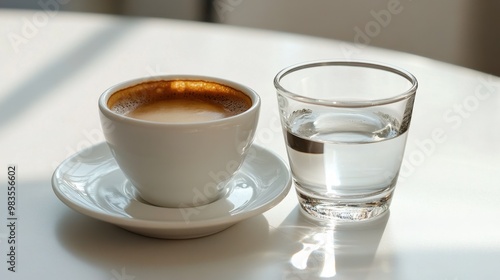 A cup of freshly brewed espresso with a small glass of water on the side, ready for a perfect coffee experience.