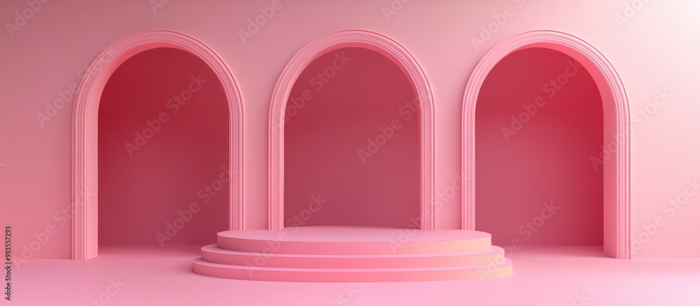 Fototapeta premium Surreal 3D illustration featuring a pink flat landscape background with three arches designed for showcasing or advertising a presentation podium mockup