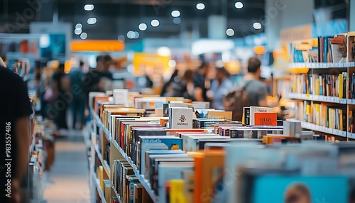 Vibrant scene of a book fair with diverse genres, engaging author talks, and lively crowds, contemporary design, and inviting atmosphere