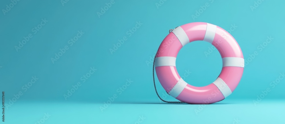 Pink life buoy against a blue backdrop Concept of swimming safety for summer vacations 3D rendering Pink life buoy against a blue backdrop Concept of swimming safety for summer vacations 3D rendering