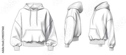 Cropped hoodie sweatshirt fashion illustration featuring batwing sleeves zip up design front and back views in white for women men and unisex CAD mockup set