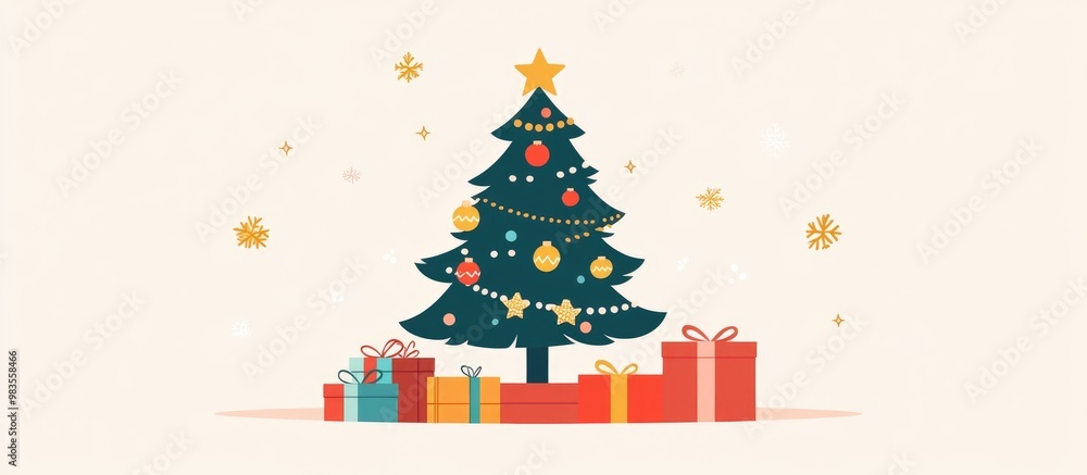 Decorated Christmas tree surrounded by presents in a flat design style Decorated Christmas tree surrounded by presents in a flat design style