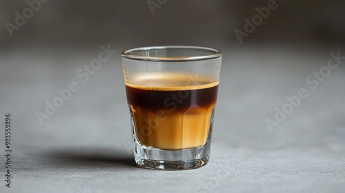 Espresso shot glass with thick rim, close-up on a light grey background