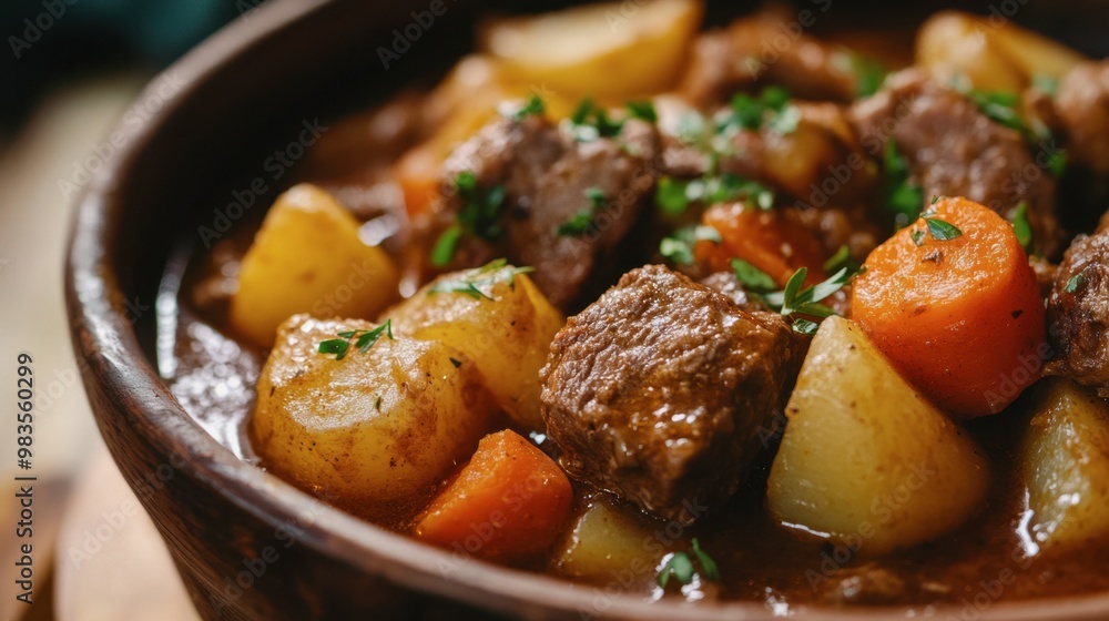 A hearty and flavorful beef stew with tender chunks of meat, potatoes, and carrots, served in a rustic bowl. A hearty and flavorful beef stew with tender chunks of meat, potatoes, and carrots, served in a rustic bowl.