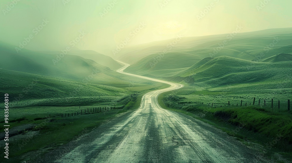 A serene winding road through lush green landscapes under a hazy horizon at dusk A serene winding road through lush green landscapes under a hazy horizon at dusk