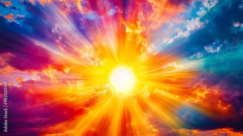 Photo of Surya rising vibrant colorful rays reflecting Hindu beliefs in the power of the Sun photo