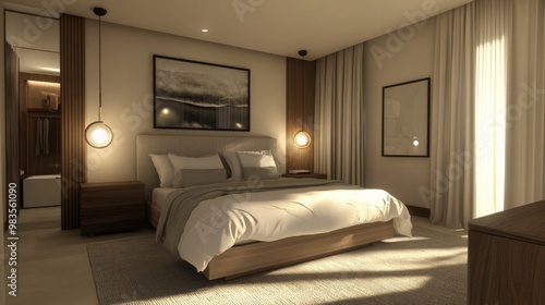 Modern bedroom with designer furniture, soft linen bedding, and warm ambient lighting, surrounded by a minimalist aesthetic