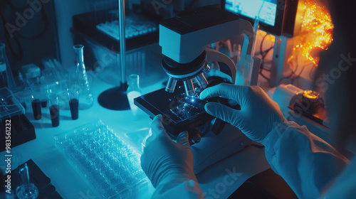 A scientist examines a sample under a microscope in a dimly lit laboratory filled with glassware and equipment, creating a vibrant and focused atmosphere. photo