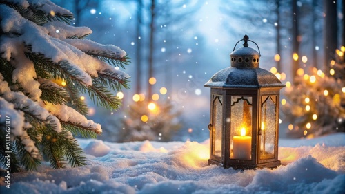 Christmas Lantern in Snow with Winter Forest Background and Lights Decoration