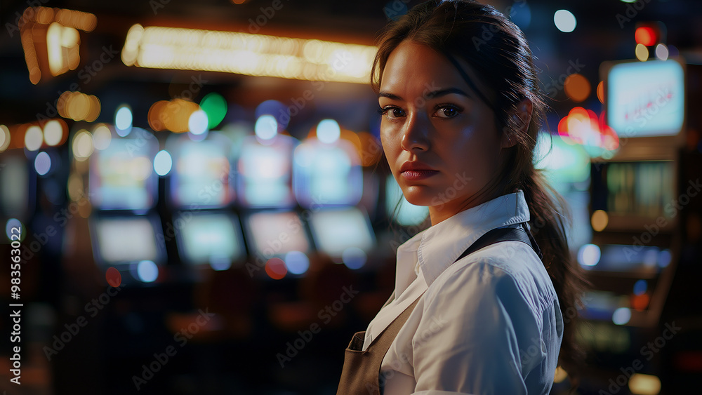 Obraz premium Black female casino dealers or staff, copy space, looking at the subject with a serious or sad expression 