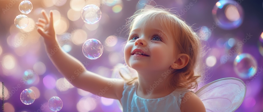 Baby girl in fairy wings reaching for floating bubbles, purple wall background Baby girl in fairy wings reaching for floating bubbles, purple wall background