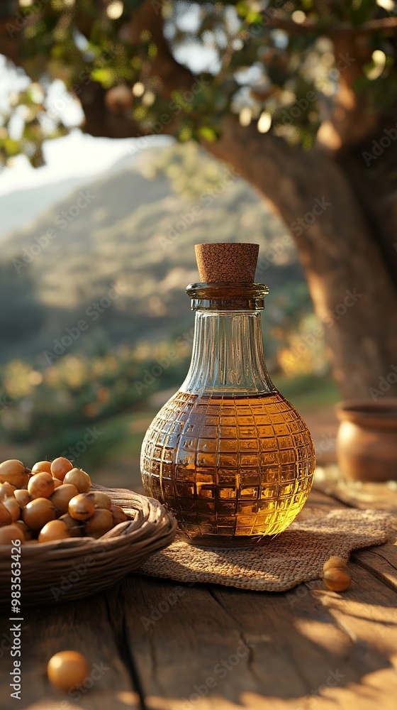 Rustic Olive Oil Bottle on Wooden Table with Natural Light Rustic Olive Oil Bottle on Wooden Table with Natural Light