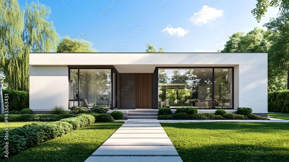 Modern white house with large windows and a paved walkway leading to the front door. Modern white house with large windows and a paved walkway leading to the front door.