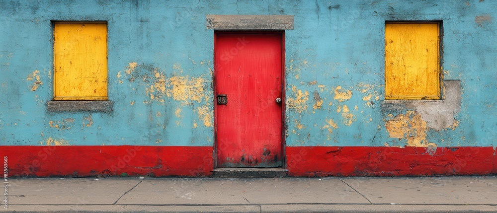 Pixel Art Wall with Faded Texture and Colored Rectangles Near Blue Door Frame. Pixel Art Wall with Faded Texture and Colored Rectangles Near Blue Door Frame.