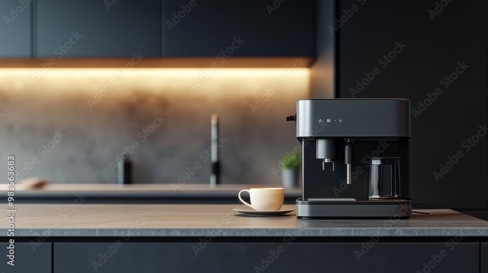 A minimalist kitchen counter with a sleek coffee machine and a cup of coffee, emphasizing modern and clean lines. A minimalist kitchen counter with a sleek coffee machine and a cup of coffee, emphasizing modern and clean lines.