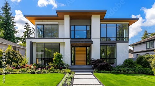 Modern two-story home with a white facade, a wood door, large windows, and a landscaped yard with a walkway.