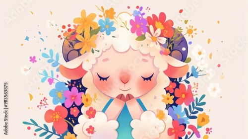 Illustration of an adorable baby sheep girl adorned with flowers in a colorful vector style