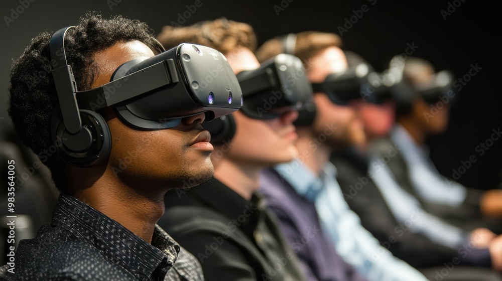 Diverse group of employees engaged in a virtual reality training session Diverse group of employees engaged in a virtual reality training session