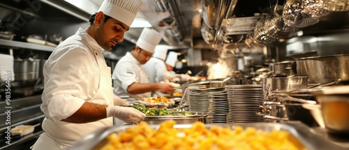 Chefs in a busy restaurant kitchen, preparing meals with state-of-the-art equipment