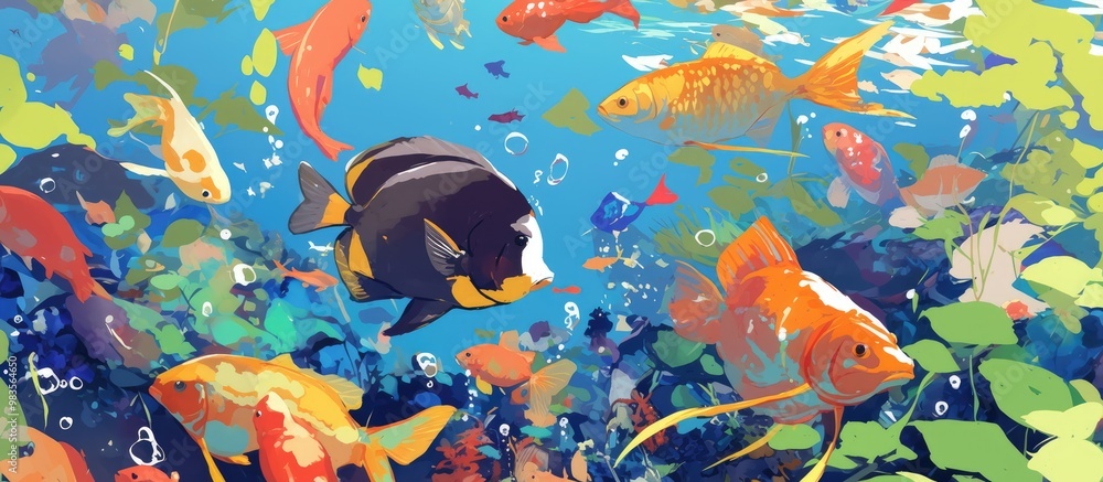 Naklejka premium Painting of tropical fish swimming gracefully in underwater surroundings