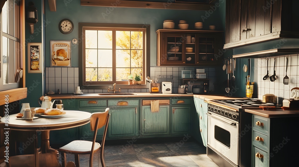 A cozy kitchen with a rustic feel, featuring a farmhouse sink, wood cabinets, and a vintage-style oven. The kitchen is bathed in warm, natural light. A cozy kitchen with a rustic feel, featuring a farmhouse sink, wood cabinets, and a vintage-style oven. The kitchen is bathed in warm, natural light.