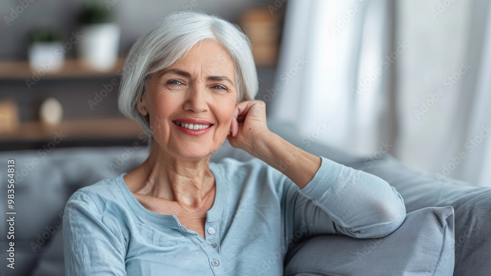Elderly woman smiling while sitting on a couch