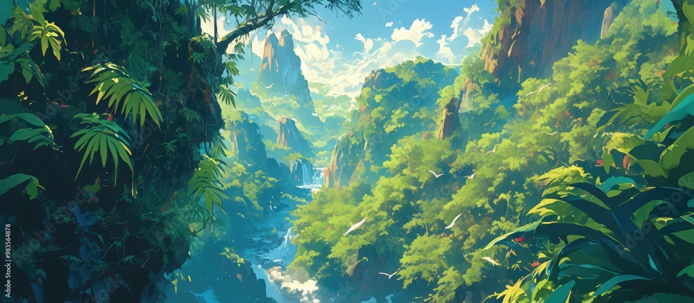 Fototapeta premium Vibrant painting of giant ferns amidst cliffs and valleys featuring lush vines and bushes ideal for backgrounds or wallpapers and suitable for web banner designs