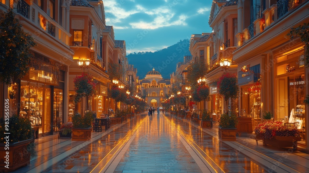 Fototapeta premium Wet Street Nightscape: Illuminated Building Under Snowy Mountains