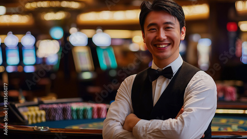 Asian male casino dealers or staff, copy space, smiling 