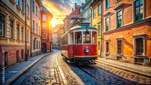 Vintage tram surrounded by colorful buildings on narrow cobblestone street in sunlight