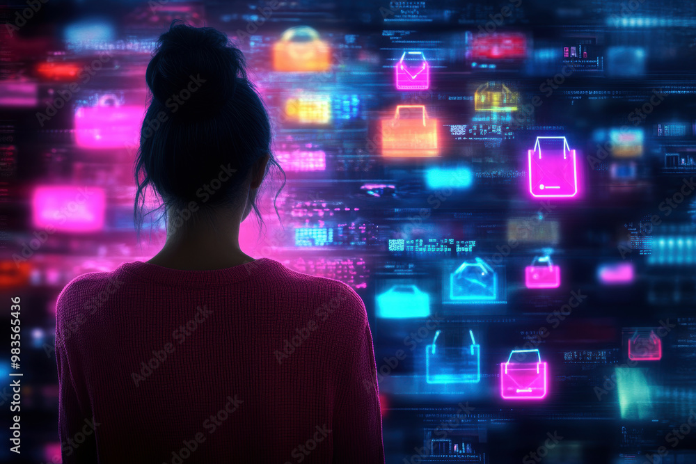 A woman is looking at a computer screen with many colorful icons. The icons are all related to different types of bags, such as handbags, backpacks, and suitcases A woman is looking at a computer screen with many colorful icons. The icons are all related to different types of bags, such as handbags, backpacks, and suitcases