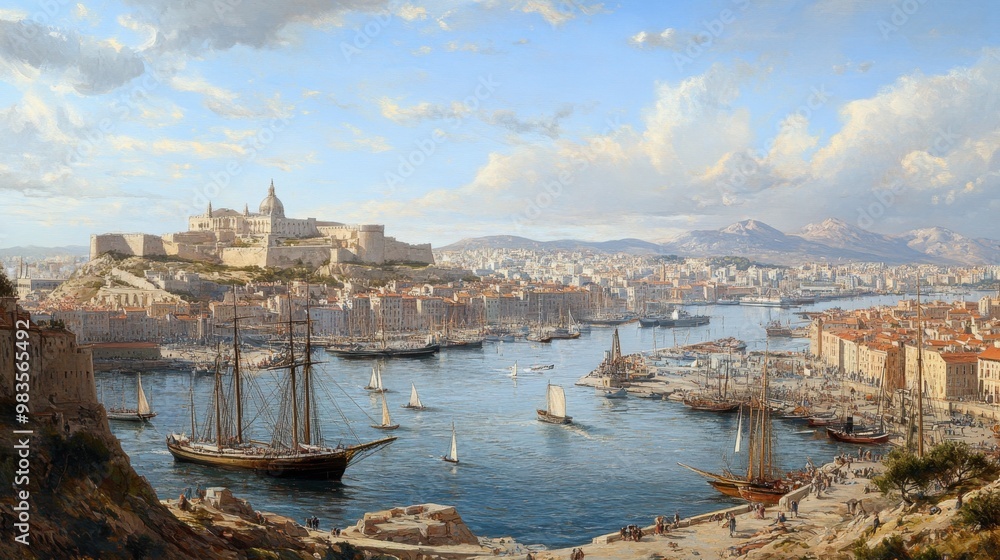 A panoramic view of the port of Marseille, with the basilica of Notre-Dame de la Garde overlooking the city. A panoramic view of the port of Marseille, with the basilica of Notre-Dame de la Garde overlooking the city.