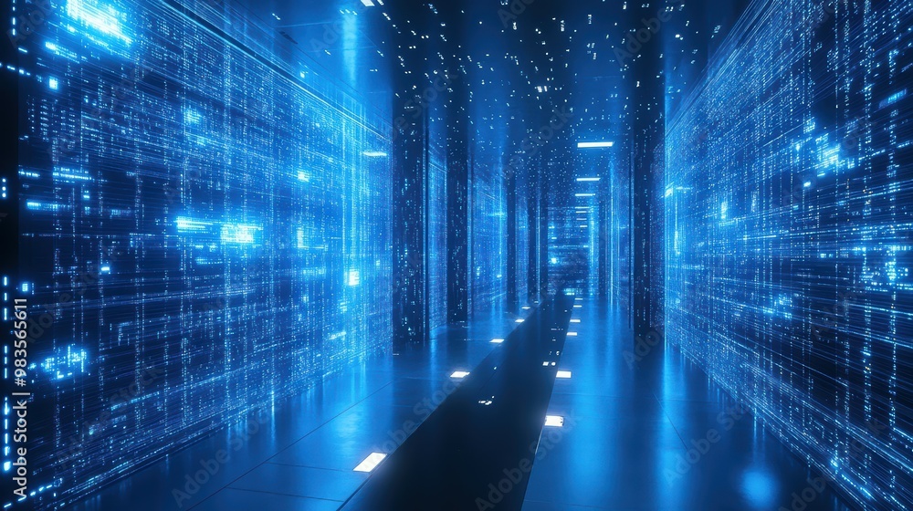 Futuristic blue holographic displays with data streams in constant motion Futuristic blue holographic displays with data streams in constant motion