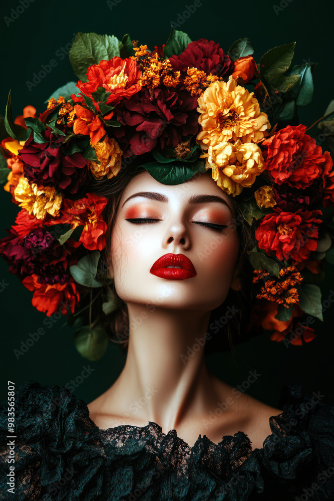A woman wearing a flower headdress with red lips. The woman is wearing a black dress and has a red lipstick A woman wearing a flower headdress with red lips. The woman is wearing a black dress and has a red lipstick