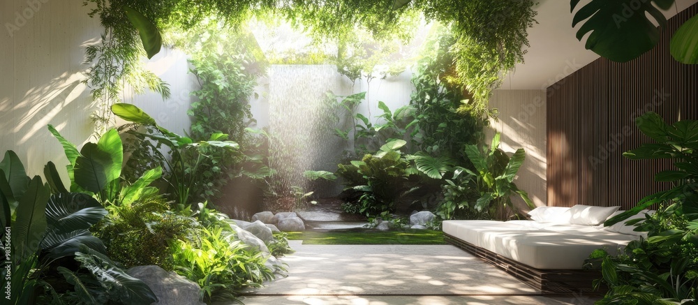 3D interior garden with lush green landscape 3D interior garden with lush green landscape