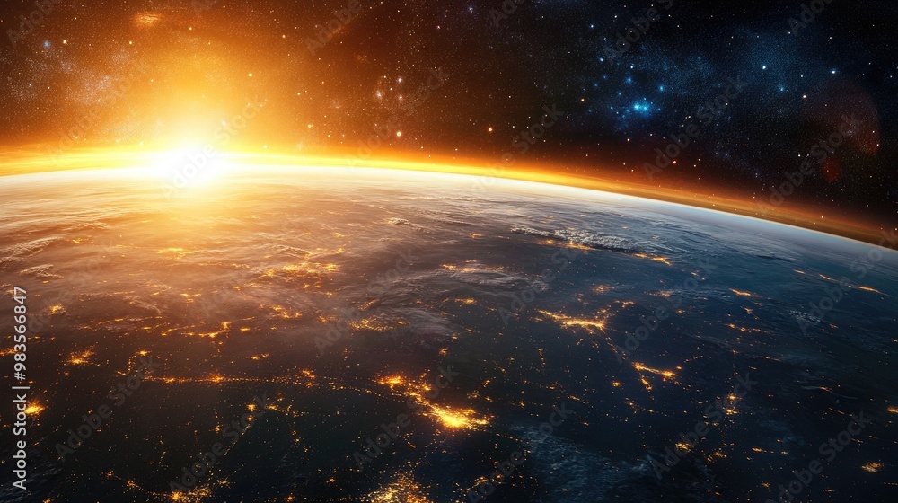 Sunrise over Earth from space with illuminated cities at night digital illustration Sunrise over Earth from space with illuminated cities at night digital illustration