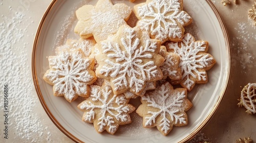 Delicious snowflake-shaped cookies adorned with icing on a decorative plate, perfect for winter celebrations and festive gatherings.