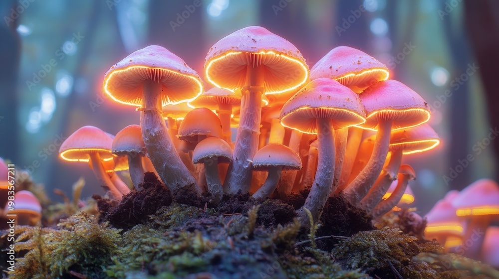 Fototapeta premium Whimsical Forest Scene with Glowing Mushrooms in Vibrant Hues.
