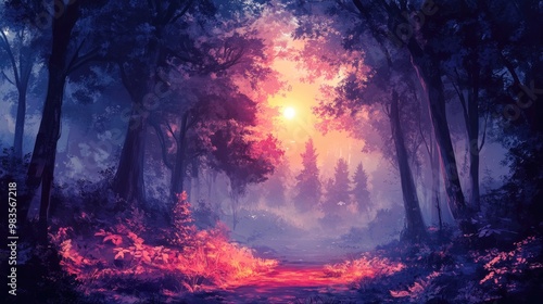 Enigmatic Surreal Forest Illustration with Radiant Glow