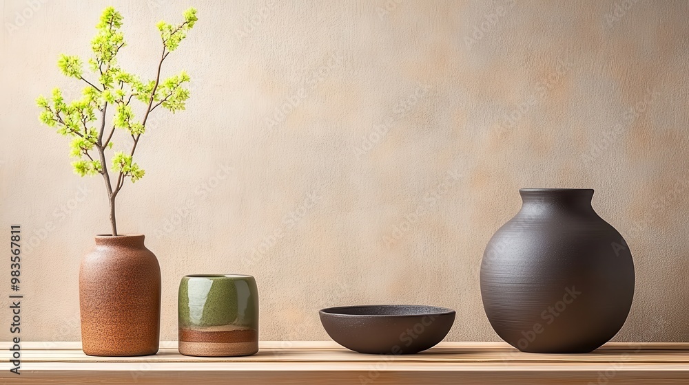 Decorative Pottery and Ceramic Pieces on Wooden Table with Potted Plant. Decorative Pottery and Ceramic Pieces on Wooden Table with Potted Plant.