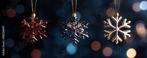 Three snowflakes hanging from a string, one of which is gold. The snowflakes are hanging from a blue background photo