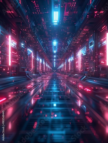 A futuristic corridor with glowing lights and digital elements, creating a sci-fi atmosphere.
