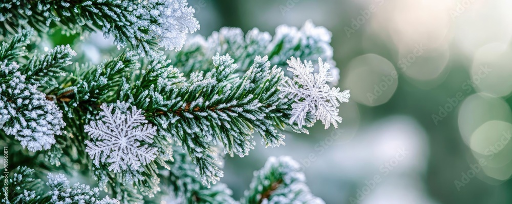 Beautiful close-up of frosted pine branches adorned with delicate snowflakes, evoking a serene winter atmosphere. Beautiful close-up of frosted pine branches adorned with delicate snowflakes, evoking a serene winter atmosphere.