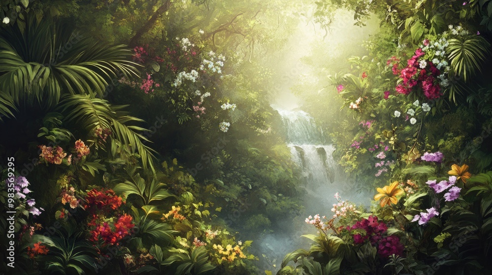 Fototapeta premium A captivating tropical landscape infused with enchanting spring fantasy elements Digital painting backdrop and illustration