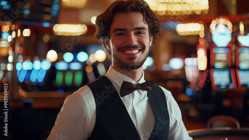 White male casino dealers or staff, copy space, smiling 