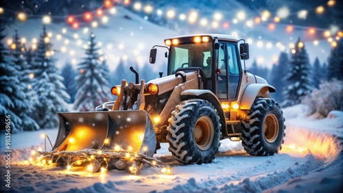 Blurred wheel loader adorned with festive lights in a snowy winter wonderland