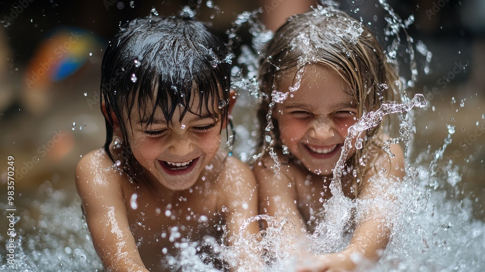 Obraz premium Siblings engaged in a playful water fight, the splashing water and the children's joyful expressions bringing a sense of energetic, carefree fun